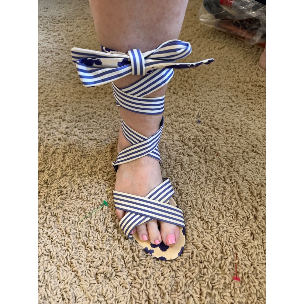 Cabi Blue& White Striped‎ Floral Sandals SZ 10M Lace Up Gladiator 
Flat Summer p